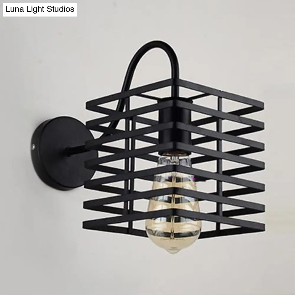 Retro Industrial Metal Wall Lamp: Frame Squared Design Black Finish 1 Bulb For Living Room Sconce