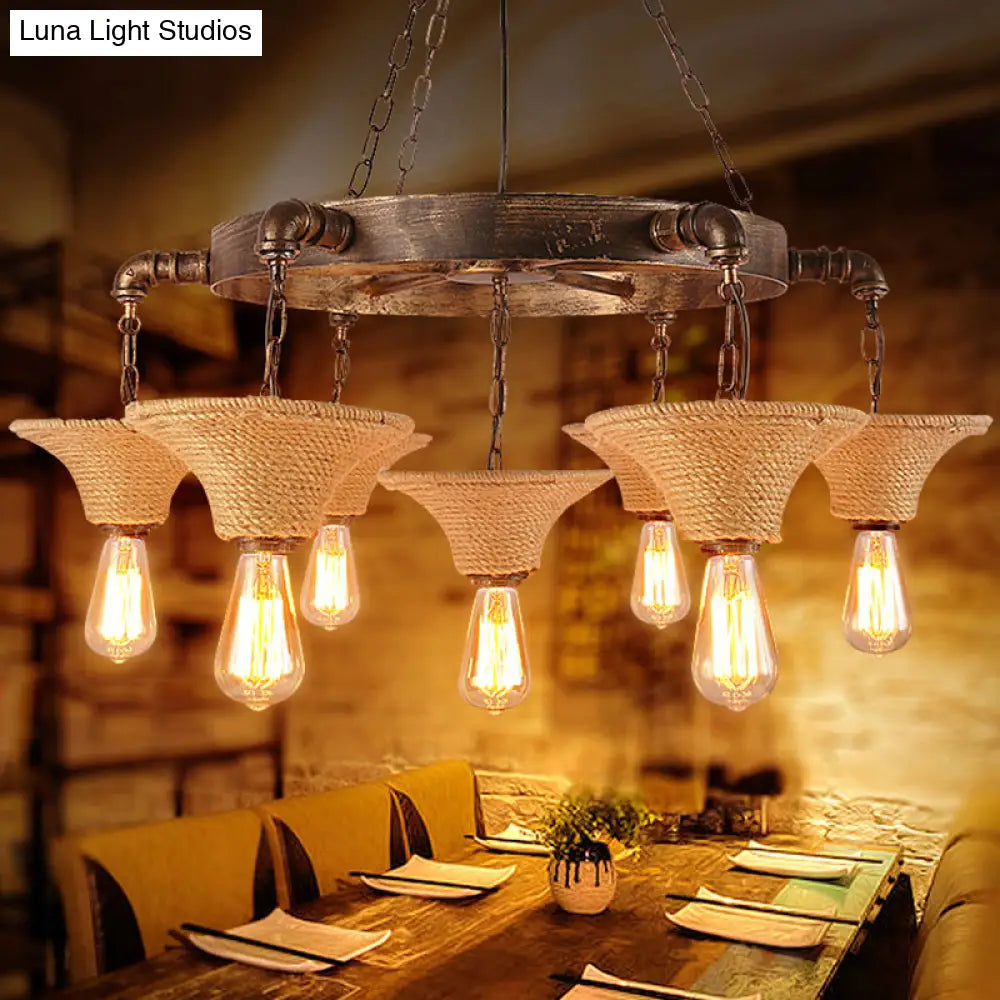 Industrial Retro Open Bulb Pendant With Rope And Chain - Brown Ceiling Fixture 7 / Rust