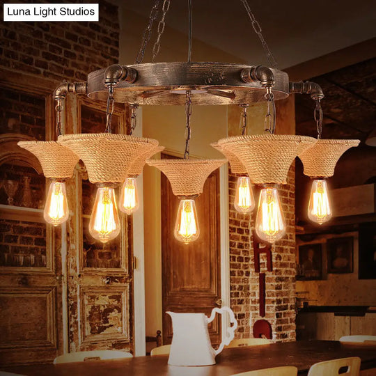 Industrial Retro Open Bulb Pendant With Rope And Chain - Brown Ceiling Fixture