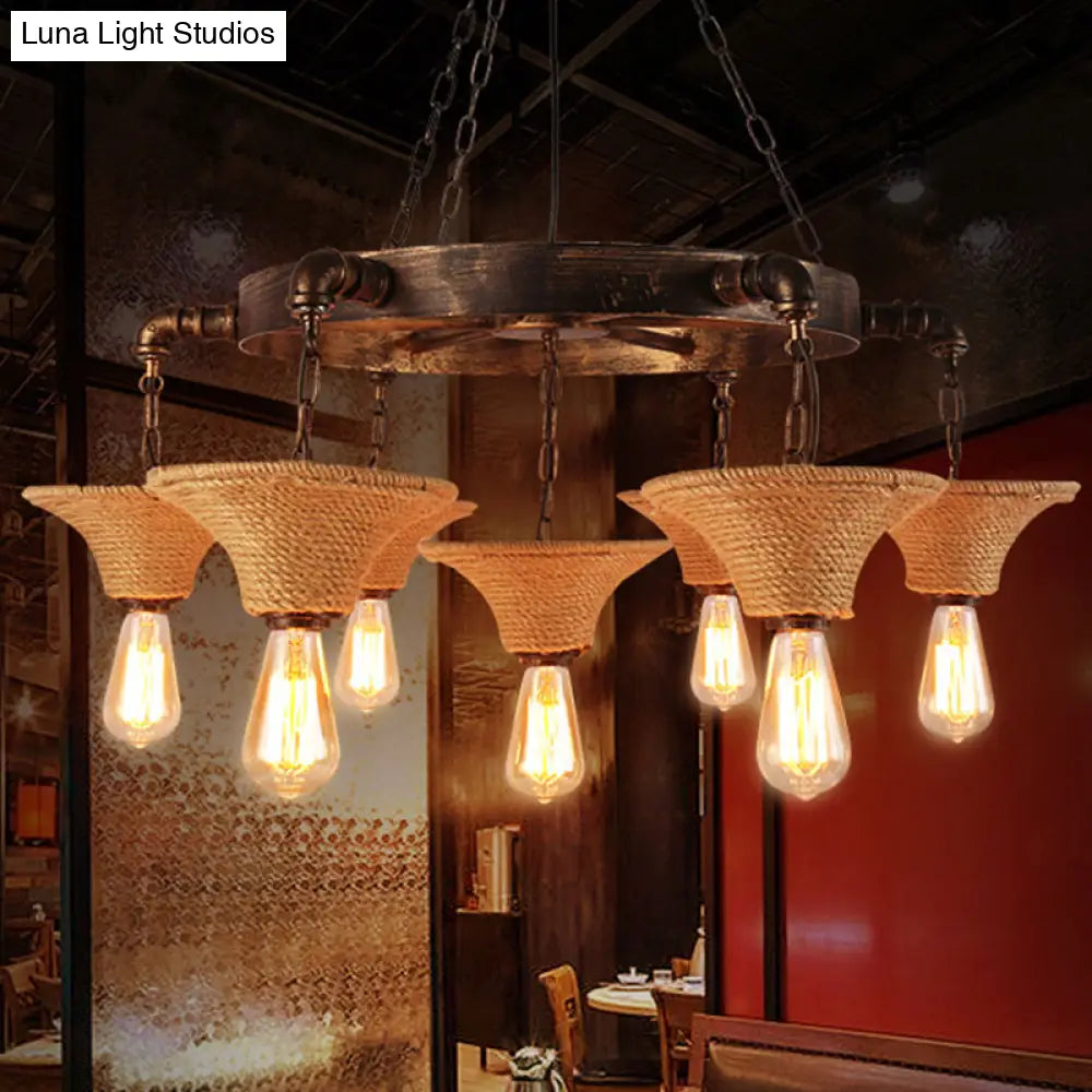 Retro Industrial Pendant Ceiling Fixture With Open Bulb Rope And Chain - Brown