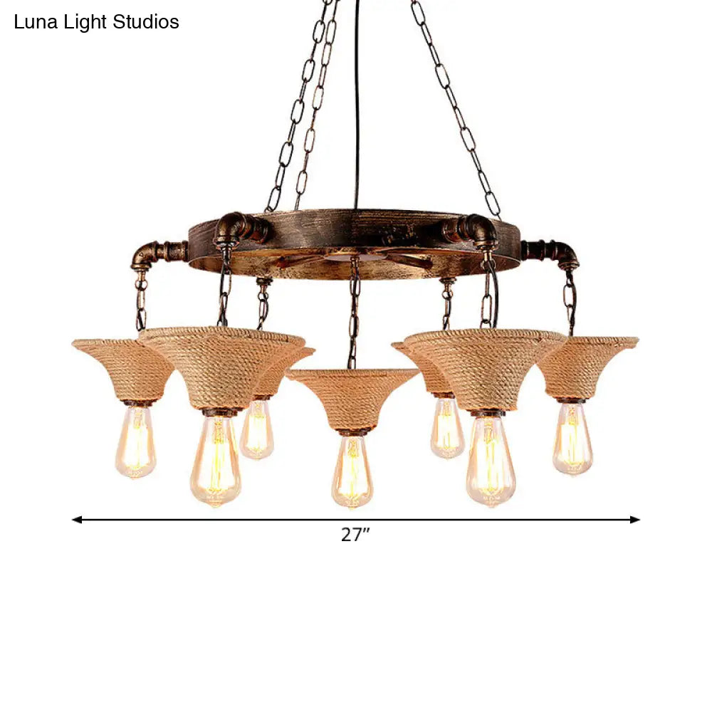 Retro Industrial Pendant Ceiling Fixture With Open Bulb Rope And Chain - Brown