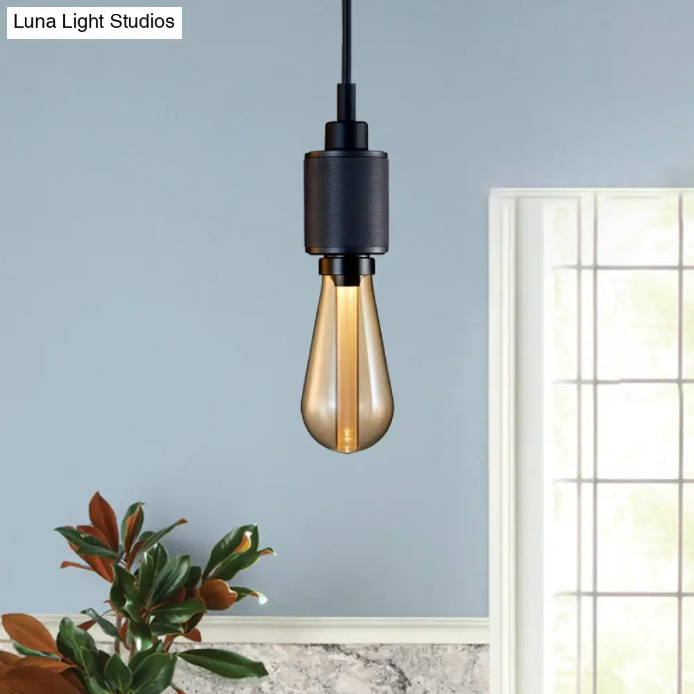 Retro Industrial Pendant Lighting - Metallic Open Bulb 1-Light Lamp In Black/Silver For Restaurants