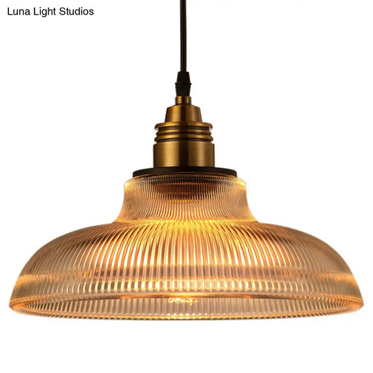 Retro Industrial Ribbed Glass Dome Pendant Lamp - 1-Light Hanging For Restaurants Clear