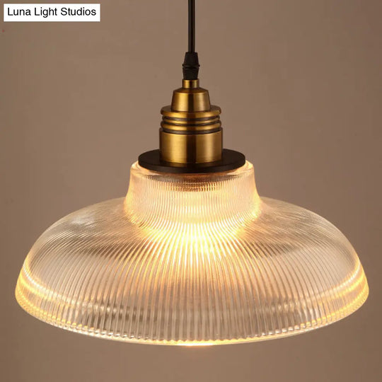 Retro Industrial Ribbed Glass Dome Pendant Lamp - 1-Light Hanging For Restaurants