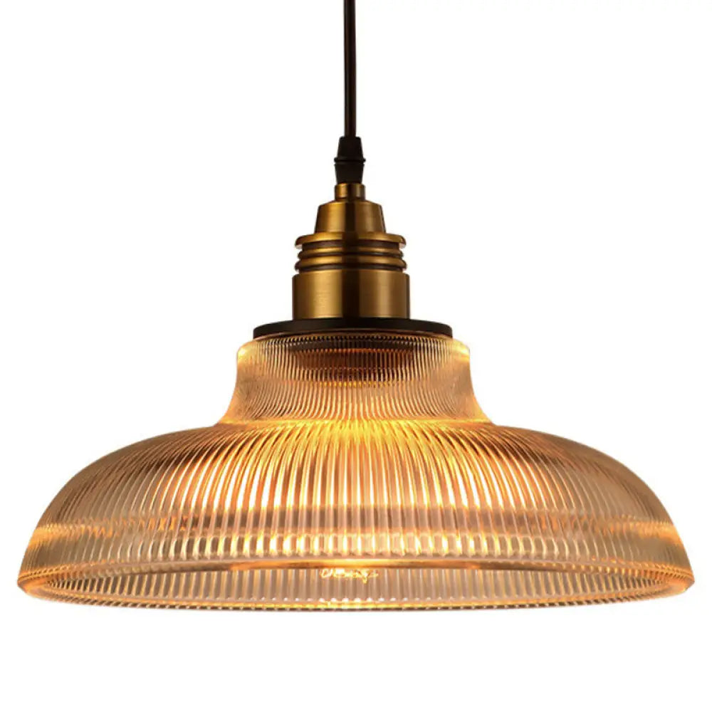 Retro Industrial Ribbed Glass Dome Pendant Lamp - 1-Light Design For Restaurants Clear