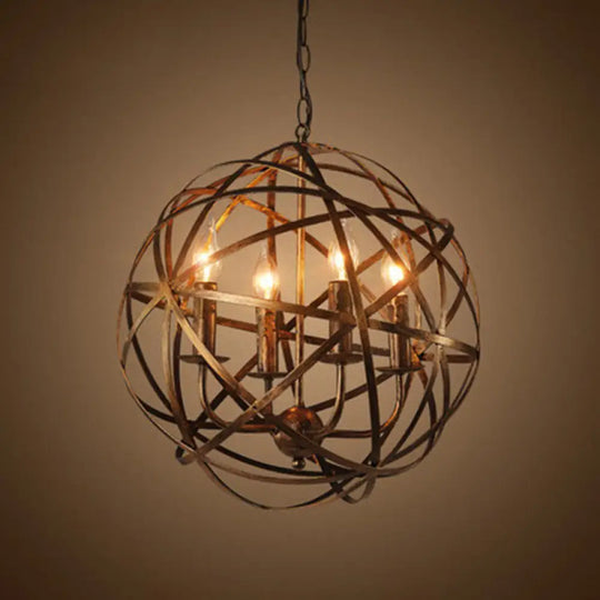 Retro Industrial Round Cage Chandelier - 4 Light Metal Pendant Bronze