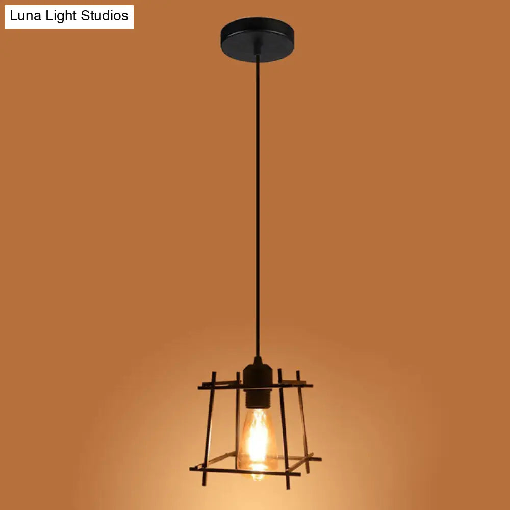 Retro Industrial Square Semi Flush Chandelier - Metal Ceiling Light For Hallway Black