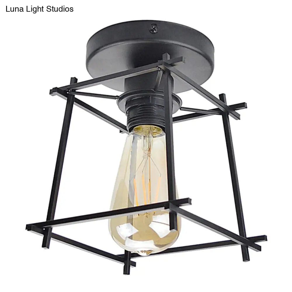 Retro Industrial Square Semi Flush Chandelier - Metal Ceiling Light For Hallway