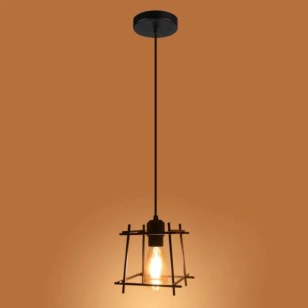 Retro Industrial Square Semi Flush Chandelier - Metal Ceiling Light For Hallway Black