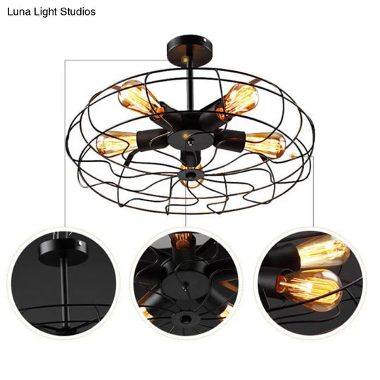 Retro Industrial Style Basket Cage Ceiling Mount Chandelier - 5 Light Fixture For Hallway Metal