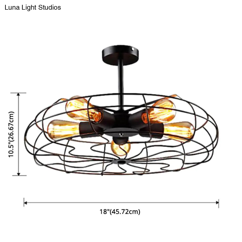 Retro Industrial Style Basket Cage Ceiling Mount Chandelier - 5 Light Fixture For Hallway Metal Semi