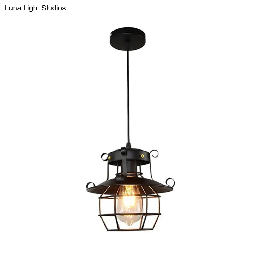 Retro Industrial Style 1-Light Lantern Ceiling Pendant - Metal For Restaurants Black