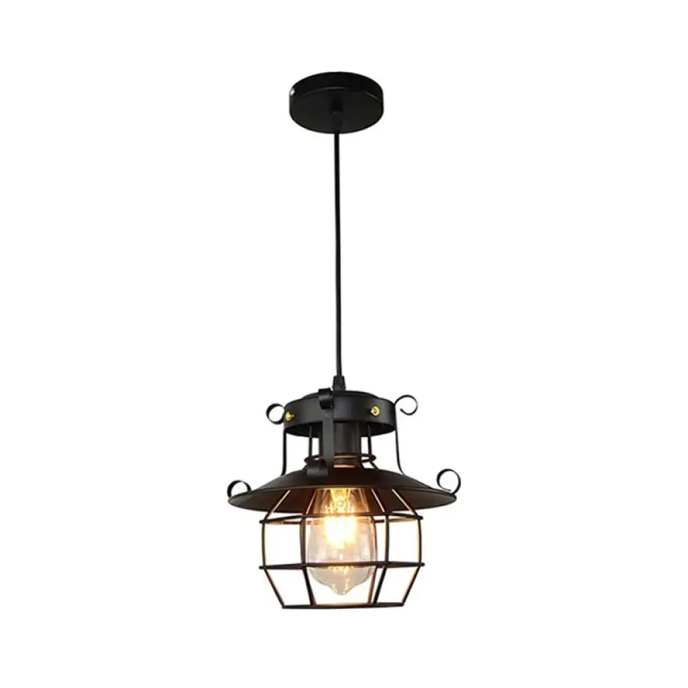 Retro Industrial Style Metal Pendant Light For Restaurants - 1-Light Lantern Ceiling Black