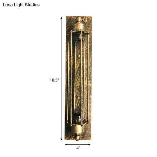 Retro Industrial Wall Sconce Lighting: Linear Wrought Iron Lamp With Cage Shade In Aged Brass