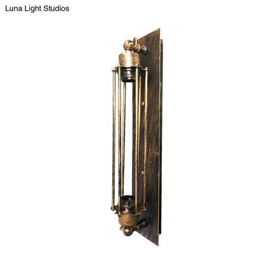 Retro Industrial Wall Sconce Lighting: Linear Wrought Iron Lamp With Cage Shade In Aged Brass