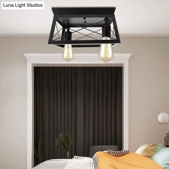 Retro Industrial Wrought Iron Ceiling Light With Black Frame