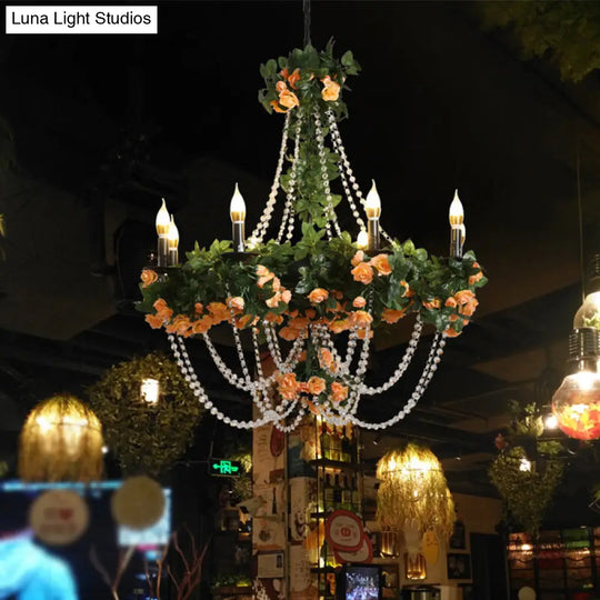 Retro Black Iron Chandelier With Crystal Accent - 8-Light Pendant Light For Restaurants And Plants