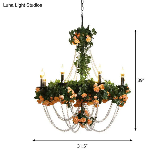 Retro Black Iron Chandelier With Crystal Accent - 8-Light Pendant Light For Restaurants And Plants