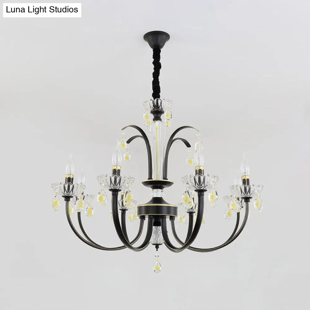 Retro Iron Candle Chandelier With Crystal Accent - Black & Gold 6/8-Bulb Hanging Light