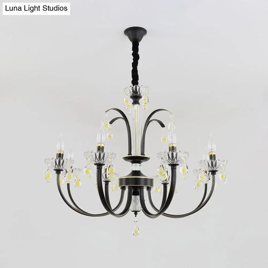 Retro Iron Candle Chandelier With Crystal Accent - Black & Gold 6/8-Bulb Hanging Light