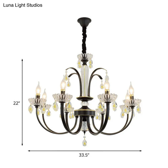 Retro Iron Candle Chandelier With Crystal Accent - Black & Gold 6/8-Bulb Hanging Light