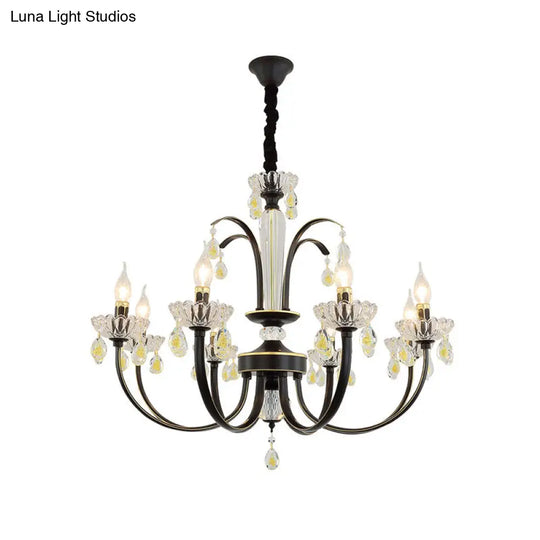 Retro Iron Candle Chandelier With Crystal Accent - Black & Gold 6/8-Bulb Hanging Light