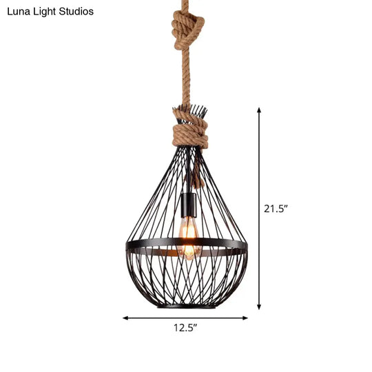 Retro Iron Pear-Shaped Suspension Lighting With Hemp Rope In Black Pendant