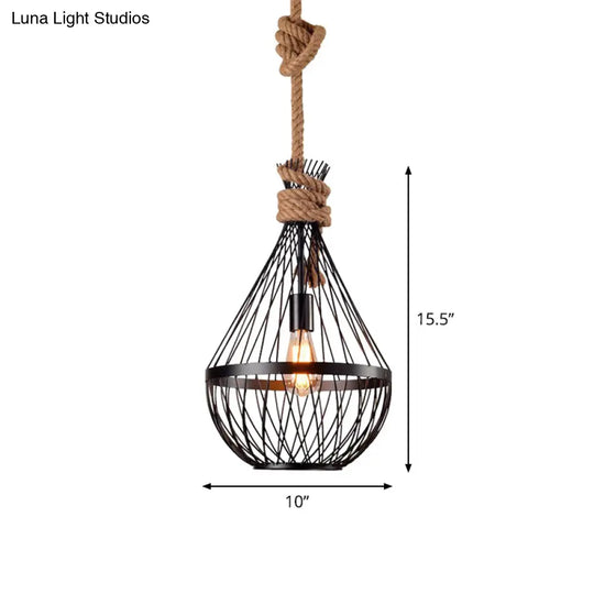 Retro Iron Pear-Shaped Suspension Lighting With Hemp Rope In Black Pendant