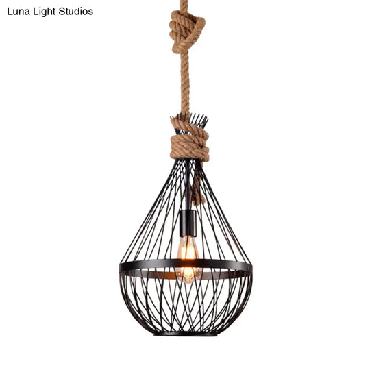 Retro Iron Pear-Shaped Suspension Lighting With Hemp Rope In Black Pendant