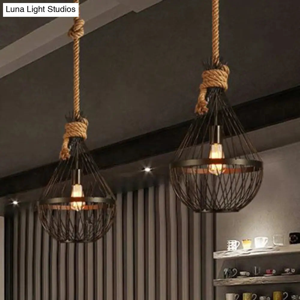 Retro Iron Pear-Shaped Suspension Lighting With Hemp Rope In Black / Small Pendant