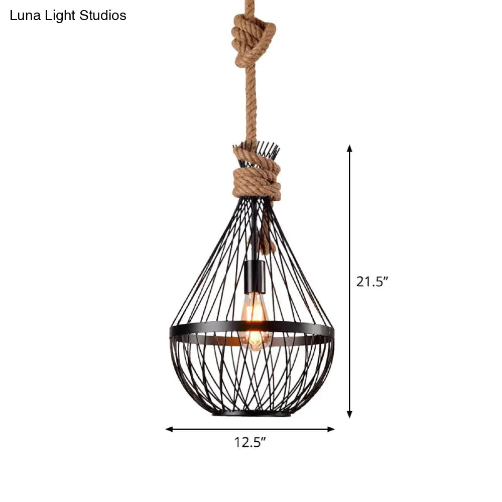 Retro Iron Pear-Shaped Suspension Lighting With Hemp Rope In Black Pendant