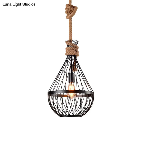 Retro Iron Pear-Shaped Suspension Lighting With Hemp Rope In Black Pendant