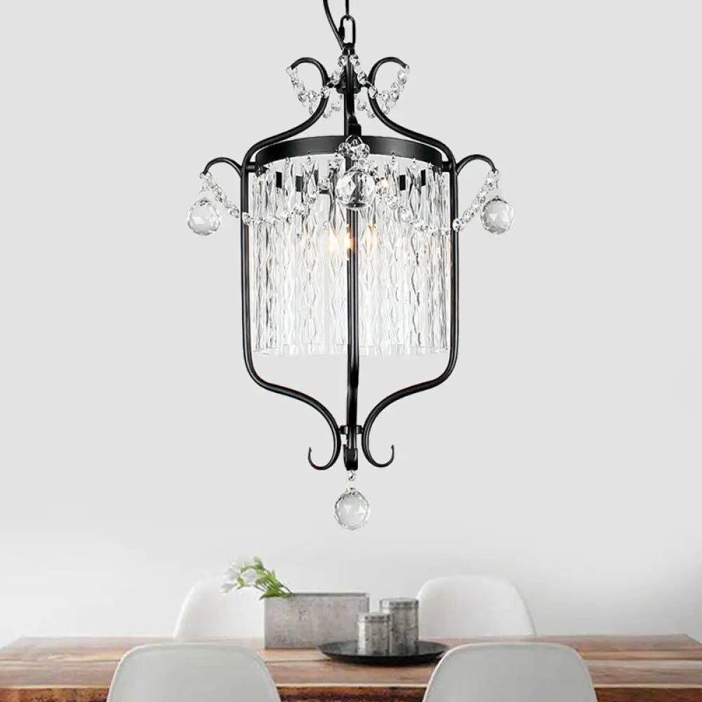 Retro Iron Pendant Light With Crystal Rod Drape - Scroll Frame Corridor Lamp (Black/White) Black