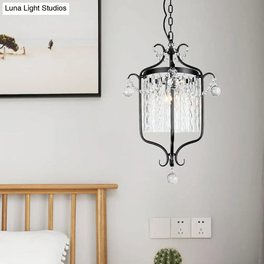 Retro Iron Single Scroll Frame Pendant Light - Black/White Suspension Lamp With Crystal Rod Drape