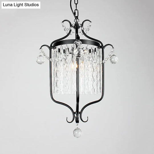 Retro Iron Single Scroll Frame Pendant Light - Black/White Suspension Lamp With Crystal Rod Drape