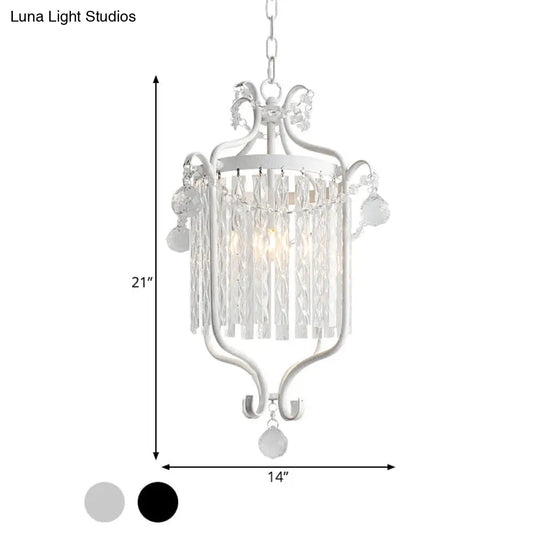 Retro Iron Single Scroll Frame Pendant Light - Black/White Suspension Lamp With Crystal Rod Drape