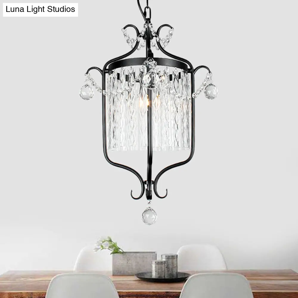 Retro Iron Single Scroll Frame Pendant Light - Black/White Suspension Lamp With Crystal Rod Drape