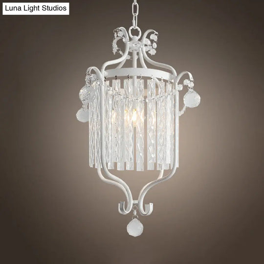 Retro Iron Pendant Light With Crystal Rod Drape - Scroll Frame Corridor Lamp (Black/White)