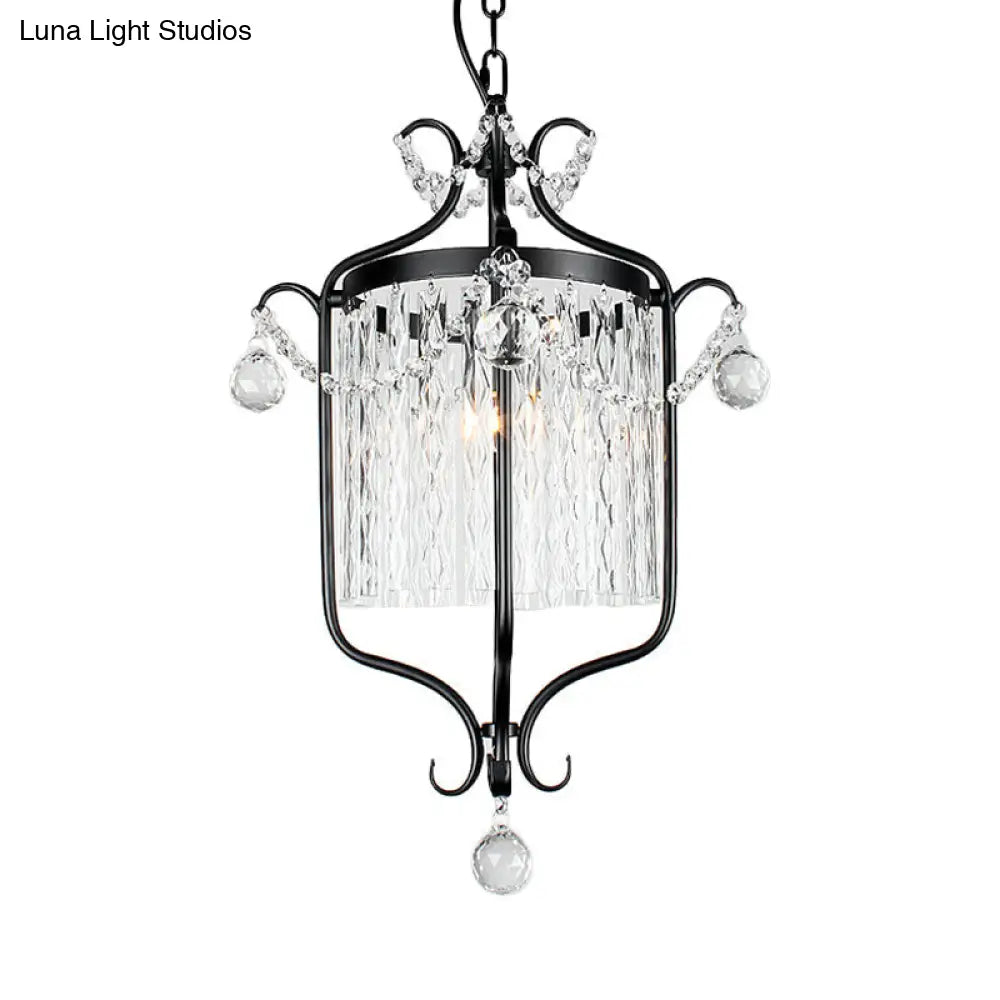 Retro Iron Single Scroll Frame Pendant Light - Black/White Suspension Lamp With Crystal Rod Drape