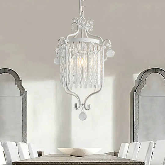 Retro Iron Pendant Light With Crystal Rod Drape - Scroll Frame Corridor Lamp (Black/White) White