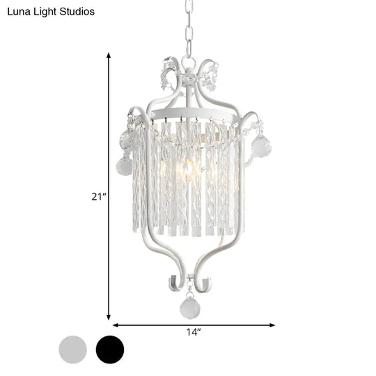 Retro Iron Pendant Light With Crystal Rod Drape - Scroll Frame Corridor Lamp (Black/White)