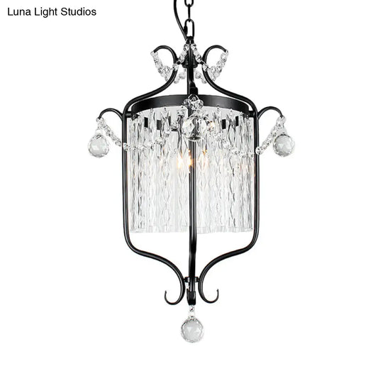 Retro Iron Pendant Light With Crystal Rod Drape - Scroll Frame Corridor Lamp (Black/White)