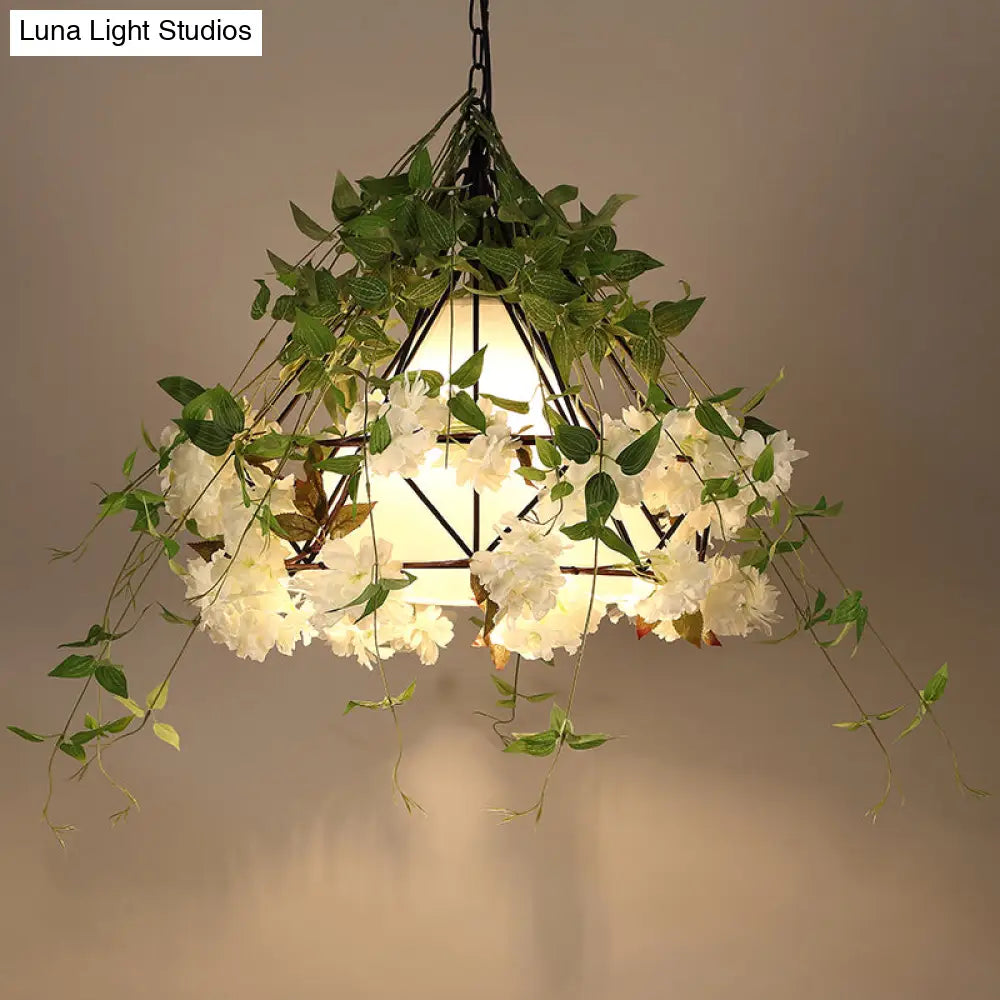 Retro Iron Conical Cage Pendant Ceiling Light With Artificial Flower - Green Single-Bulb Suspension