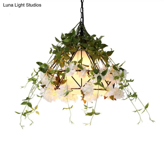 Retro Iron Conical Cage Pendant Ceiling Light With Artificial Flower - Green Single-Bulb Suspension