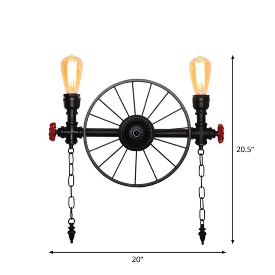 Retro Iron Piping Wall Light With Valve Decor For Wagon Wheel Restaurant In Black 2 /