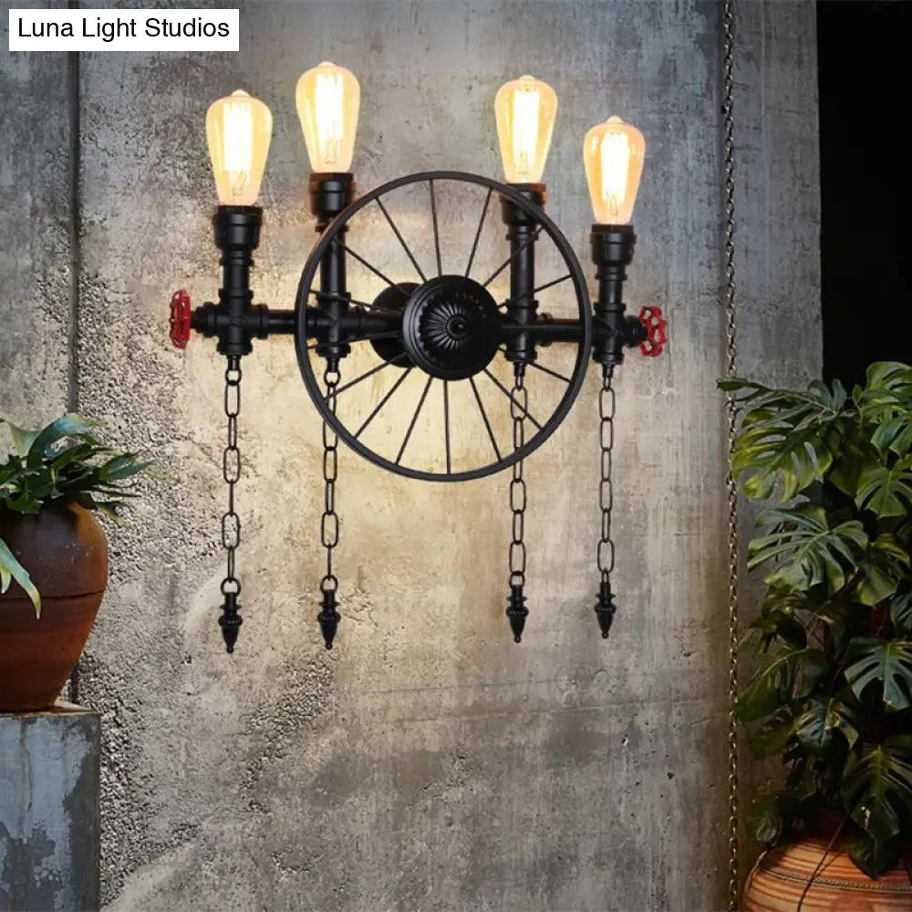 Retro Iron Piping Wall Light With Valve Decor For Wagon Wheel Restaurant In Black