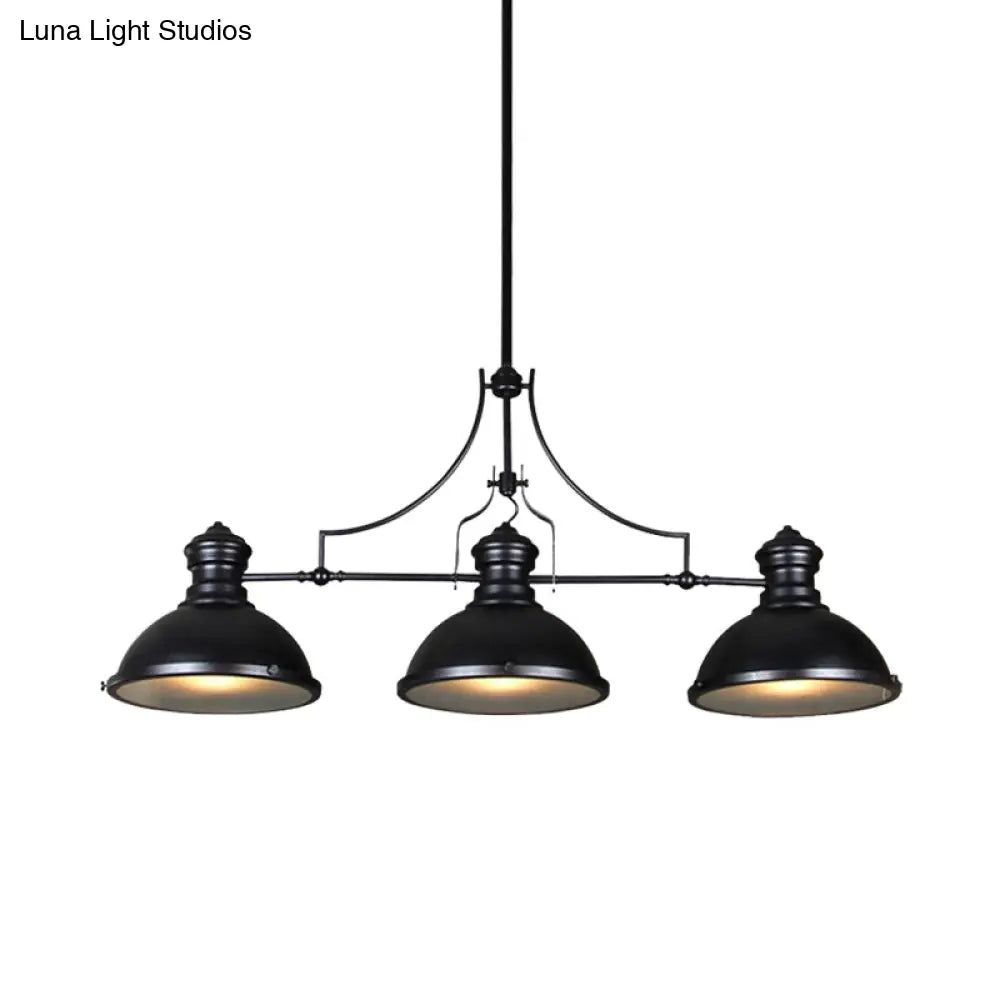 Retro Island Lighting: Metallic Black Hanging Fixture With Dome Shade Glass Diffuser And 3 Bulb