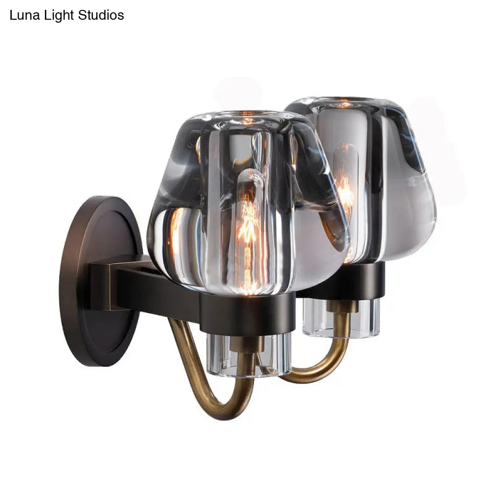 Retro K9 Crystal Wall Lamp - Tapered 1/2 Heads Indoor Light Fixture In Brass With Curved Metal Arm