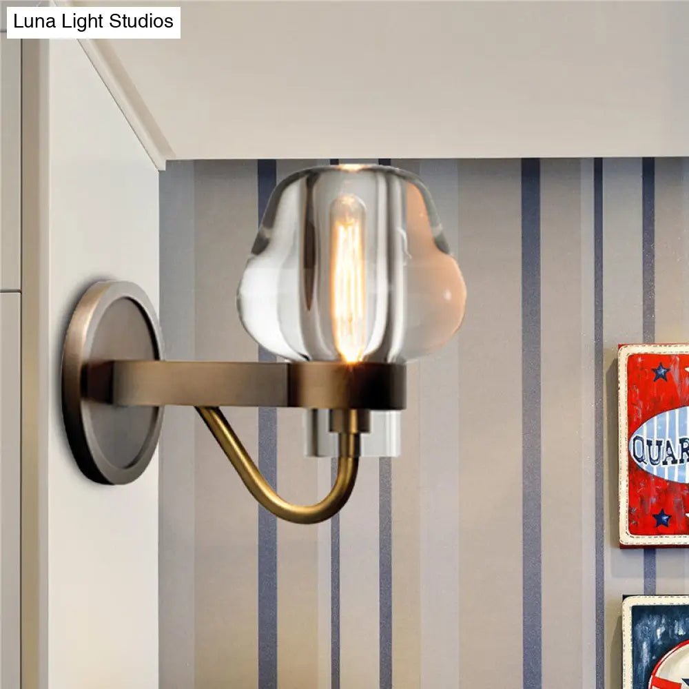 Retro K9 Crystal Wall Lamp - Tapered 1/2 Heads Indoor Light Fixture In Brass With Curved Metal Arm