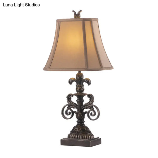 Retro Khaki Fabric 1-Light Pagoda Night Stand Lamp With Fleur De Lis Carved Pedestal - Stylish Table